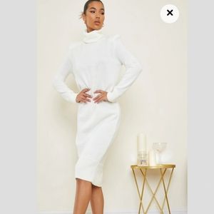 Cream Roll Neck Shoulder Pad Knitted Midi Sweater Dress